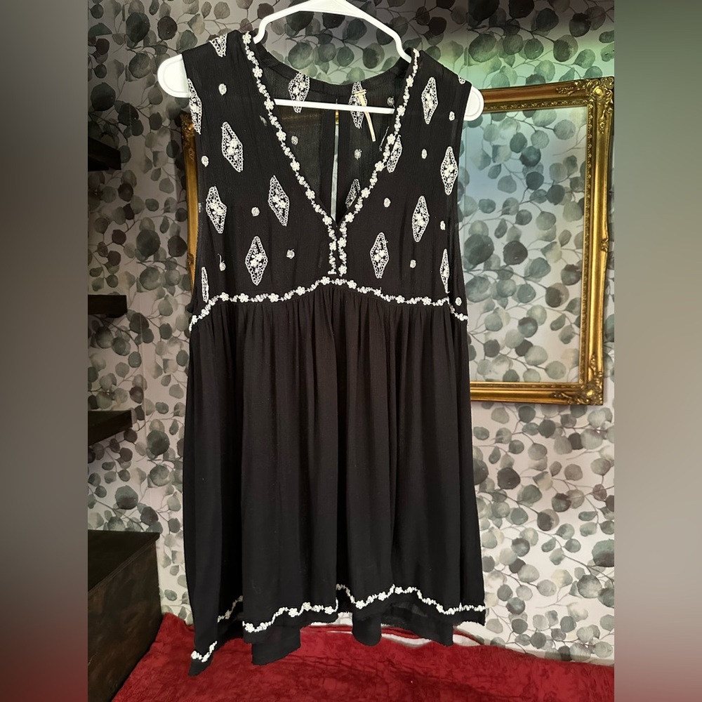 Free People Black Dress with White Embroidery